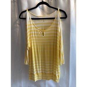 Ny&C Yellow Stripe Cold Shoulder Top with Back Keyhole Size L Bat Wing